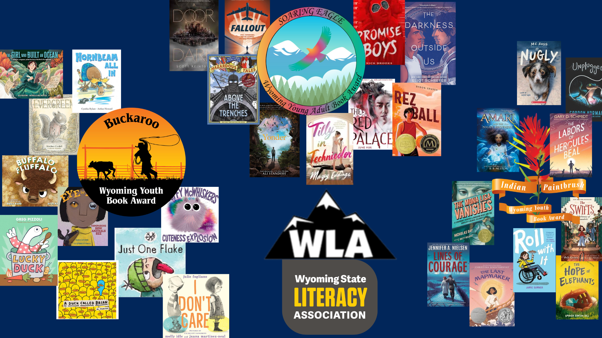 Clusters of book covers around the Buckaroo book award, the Soaring Eagle book award, and the Indian Paintbrush book award logos from the Wyoming Library Association and the Wyoming State Literacy Association.