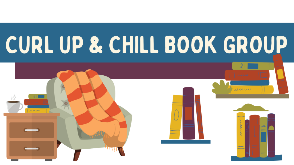 cartoon chair with blanket next to table with tea cup and books, several floating shelves of cartoon books